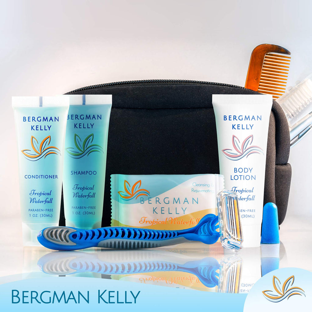 Complete 4-piece set of Bergman Kelly hotel toiletries with soap and lotion