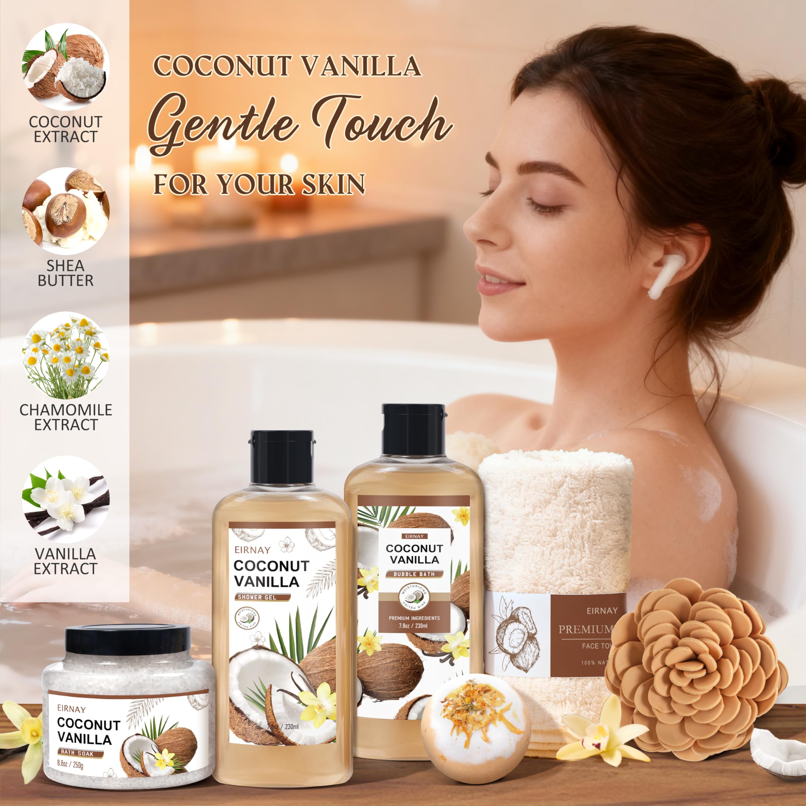 Eirnay moisturizing hand cream and body lotion tubes highlighting the nourishing coconut oil and shea butter formulation.