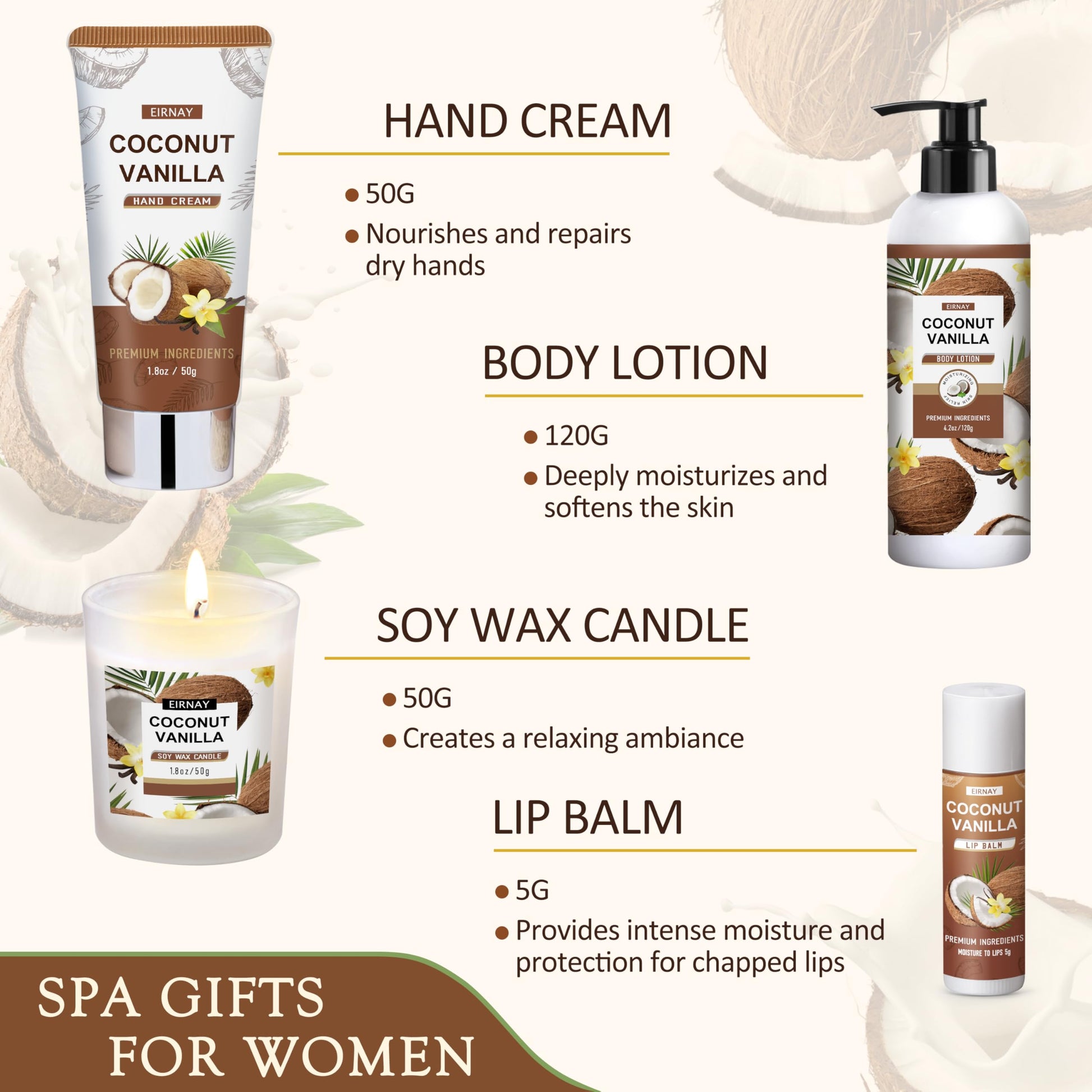 Eirnay exfoliating body scrub container and bath salts package detailing the texture and skin softening properties.