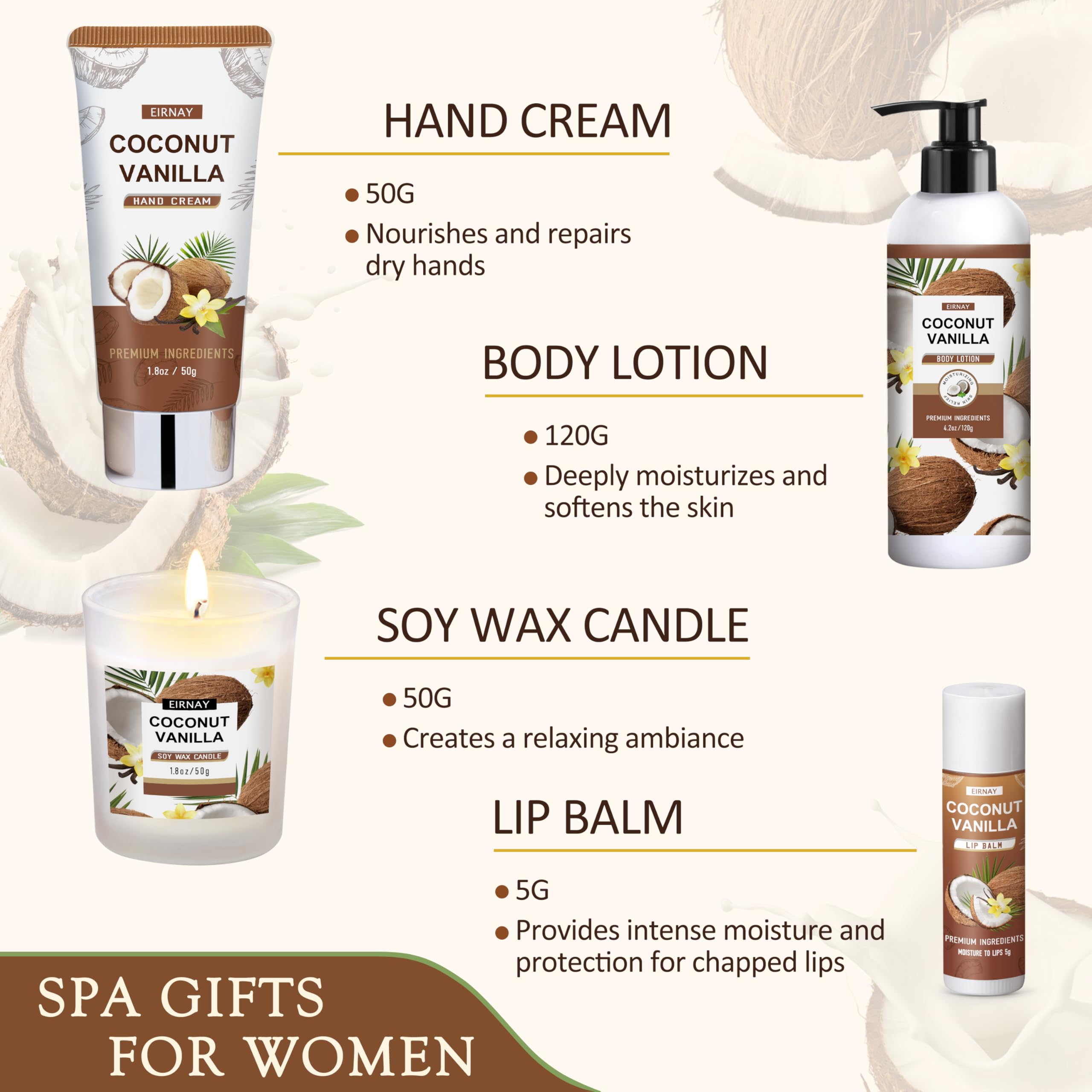 Eirnay exfoliating body scrub container and bath salts package detailing the texture and skin softening properties.