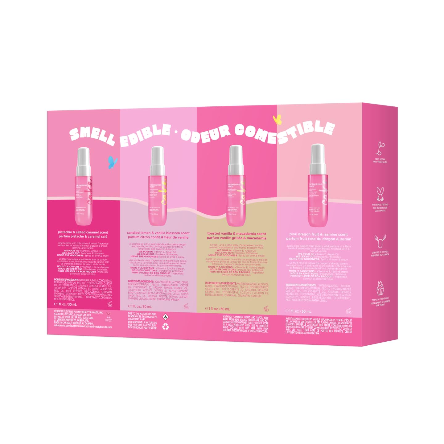 Four bottles of Cake Beauty hair and body mist