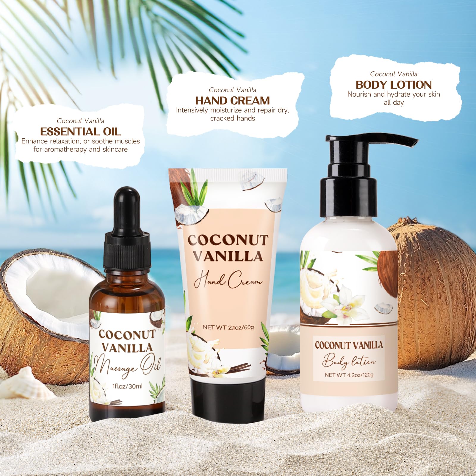 Detailed view of coconut vanilla bath accessories