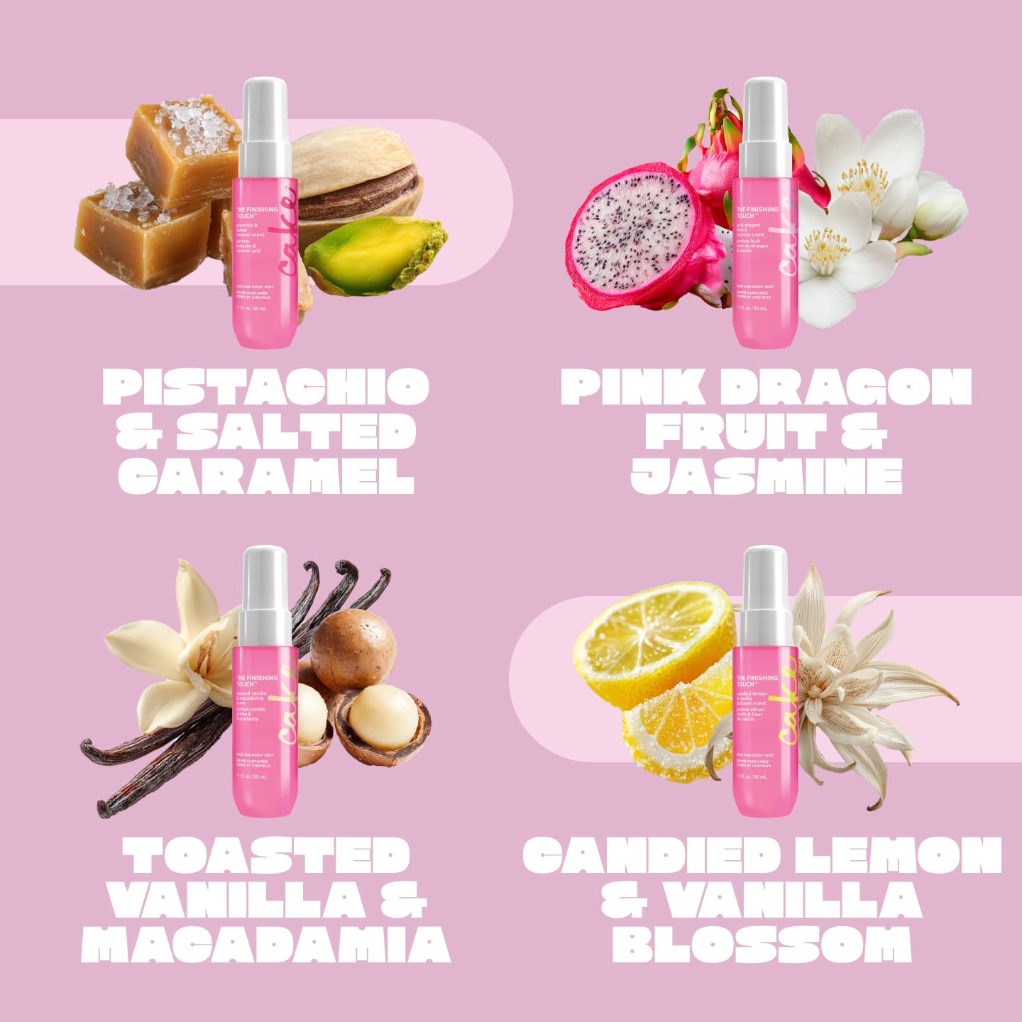 Close up of Cake Beauty hair and body mist bottles