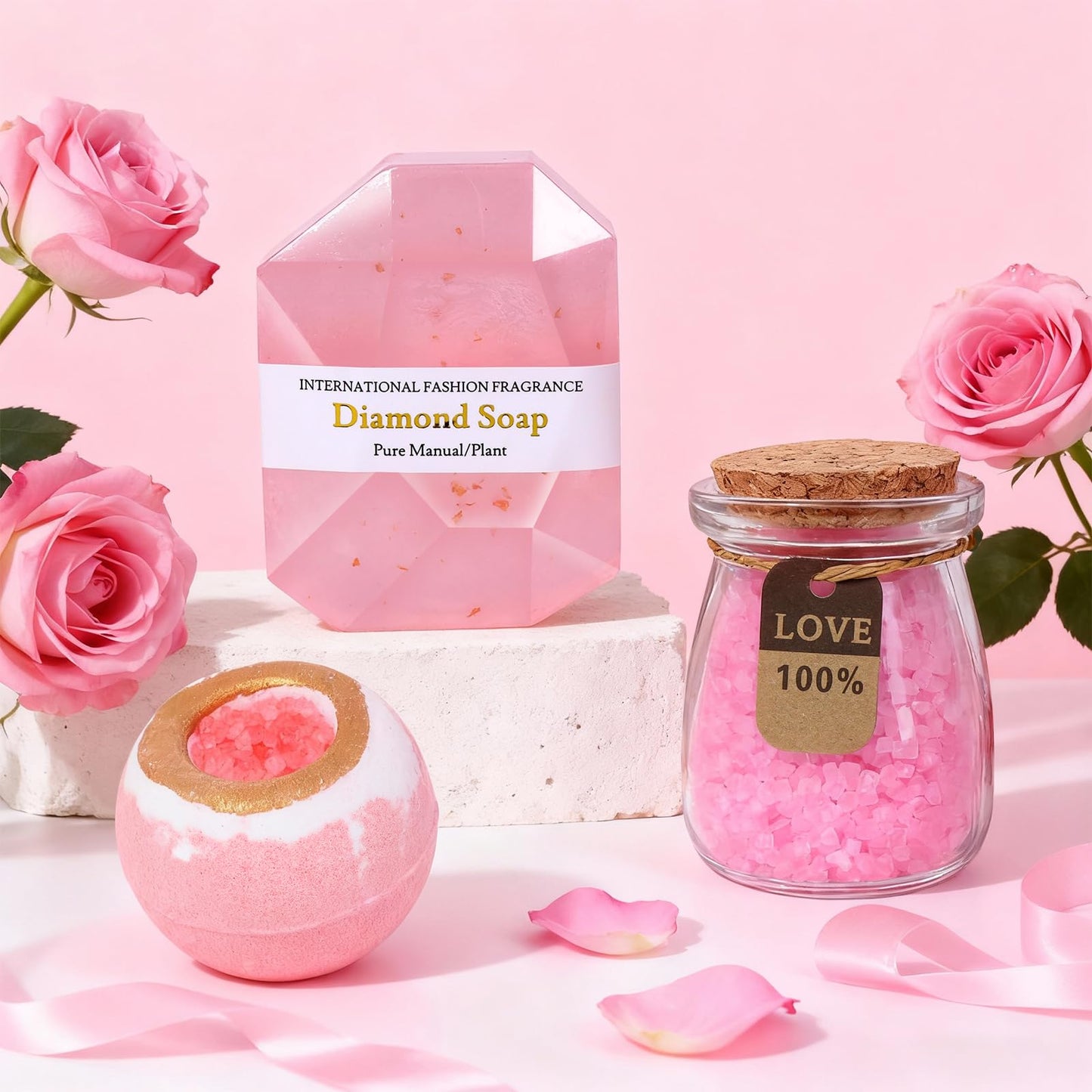 Close up of bath bomb and bath salt jar in gift box