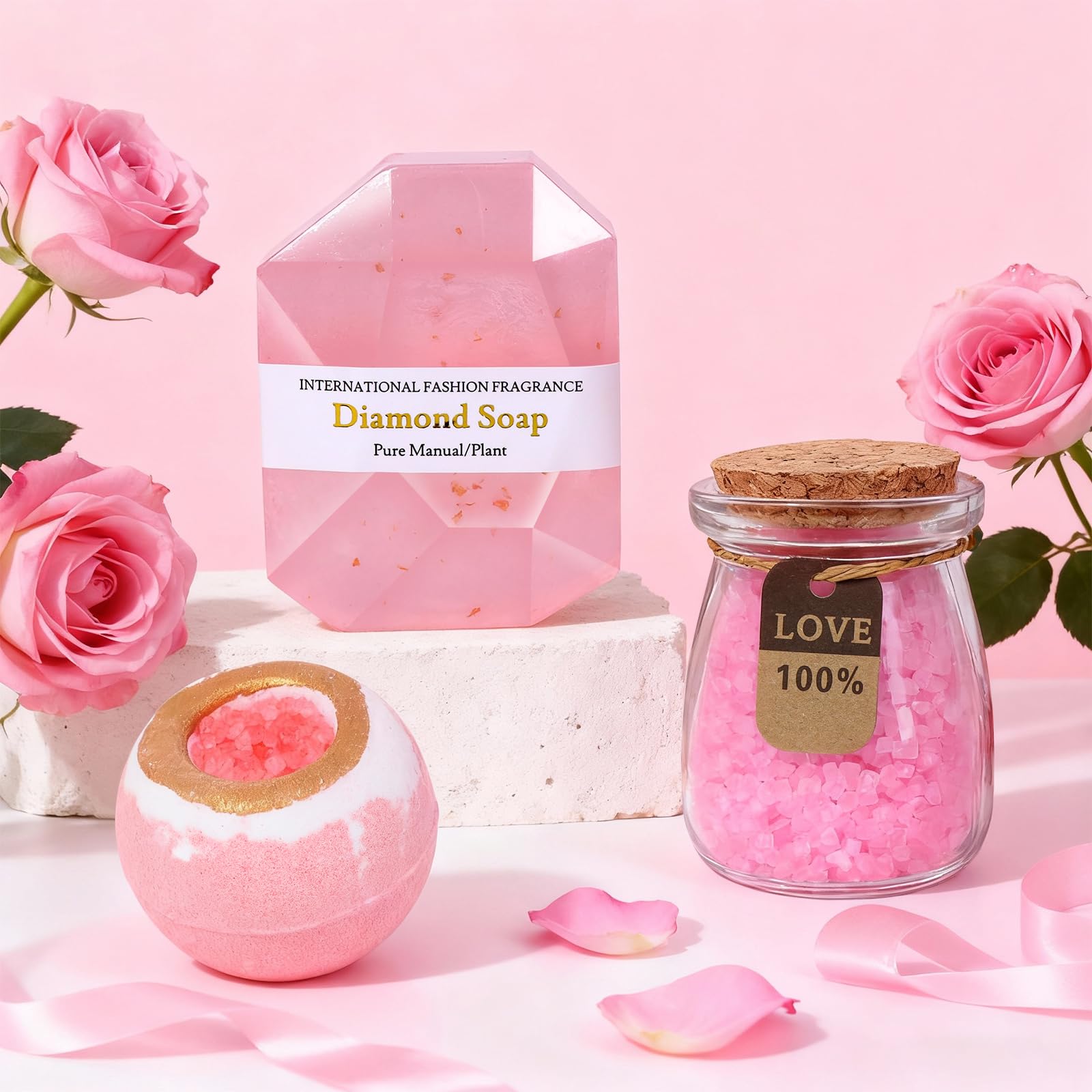 Close up of bath bomb and bath salt jar in gift box