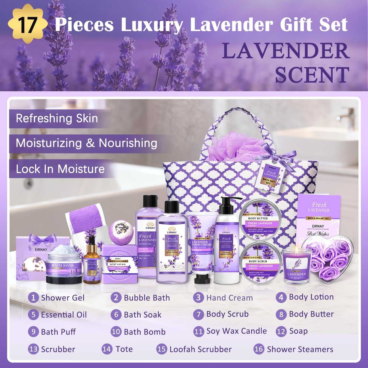 EIRNAY lavender bath and body care products including body lotion bubble bath and hand cream arranged neatly