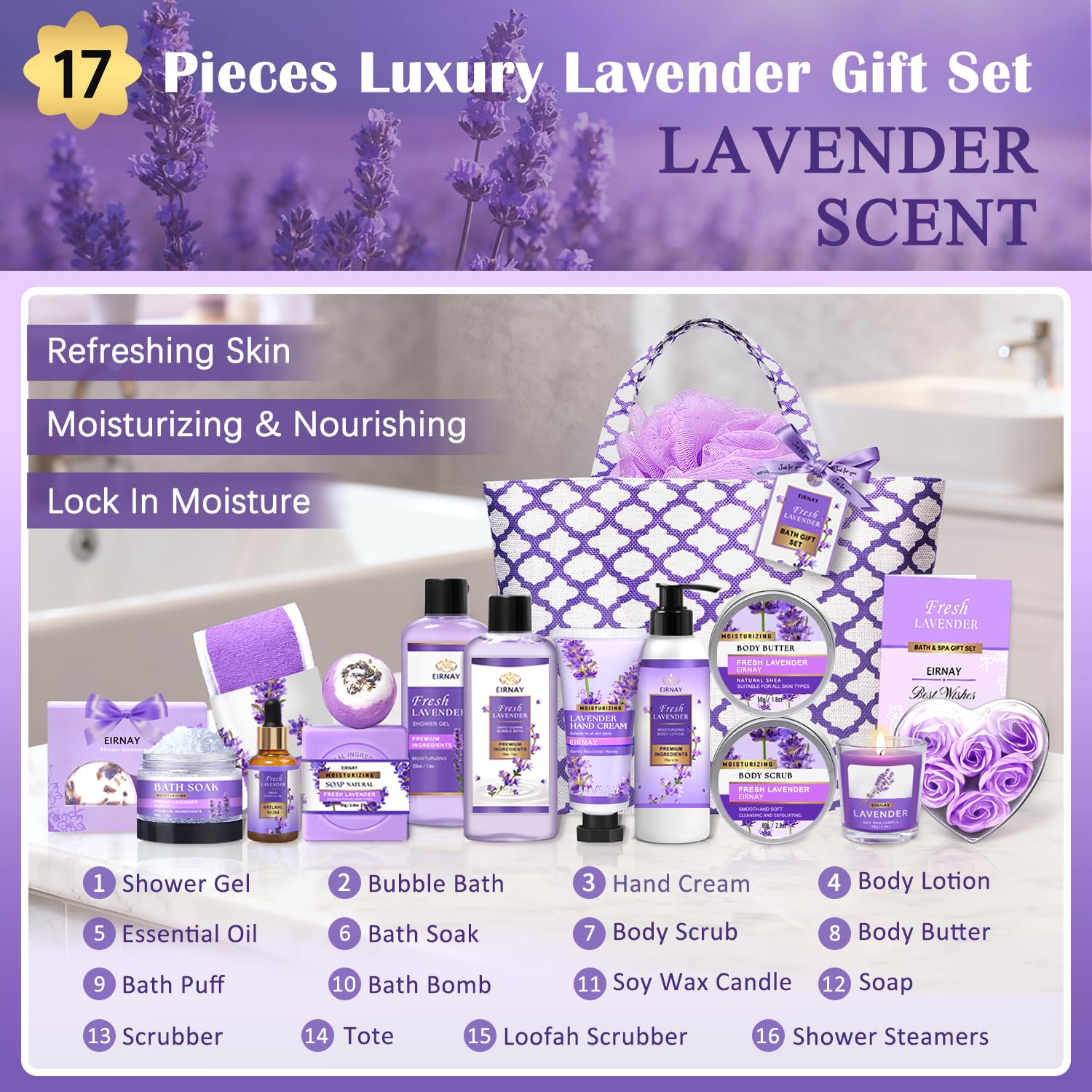 EIRNAY lavender bath and body care products including body lotion bubble bath and hand cream arranged neatly
