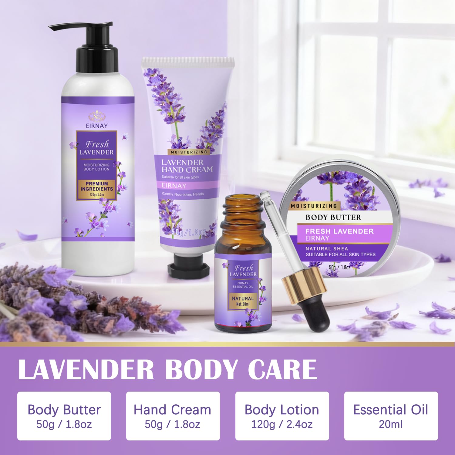 EIRNAY relaxation essentials showing soy wax candle bath bombs and lavender essential oil bottle