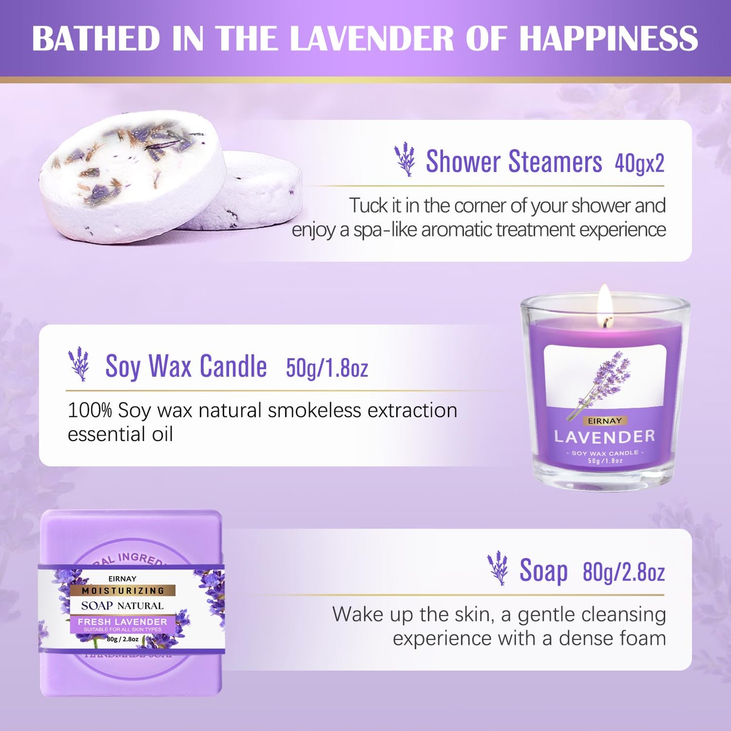 Back view of the EIRNAY lavender self care package highlighting the complete collection of bath items