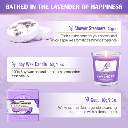 Back view of the EIRNAY lavender self care package highlighting the complete collection of bath items