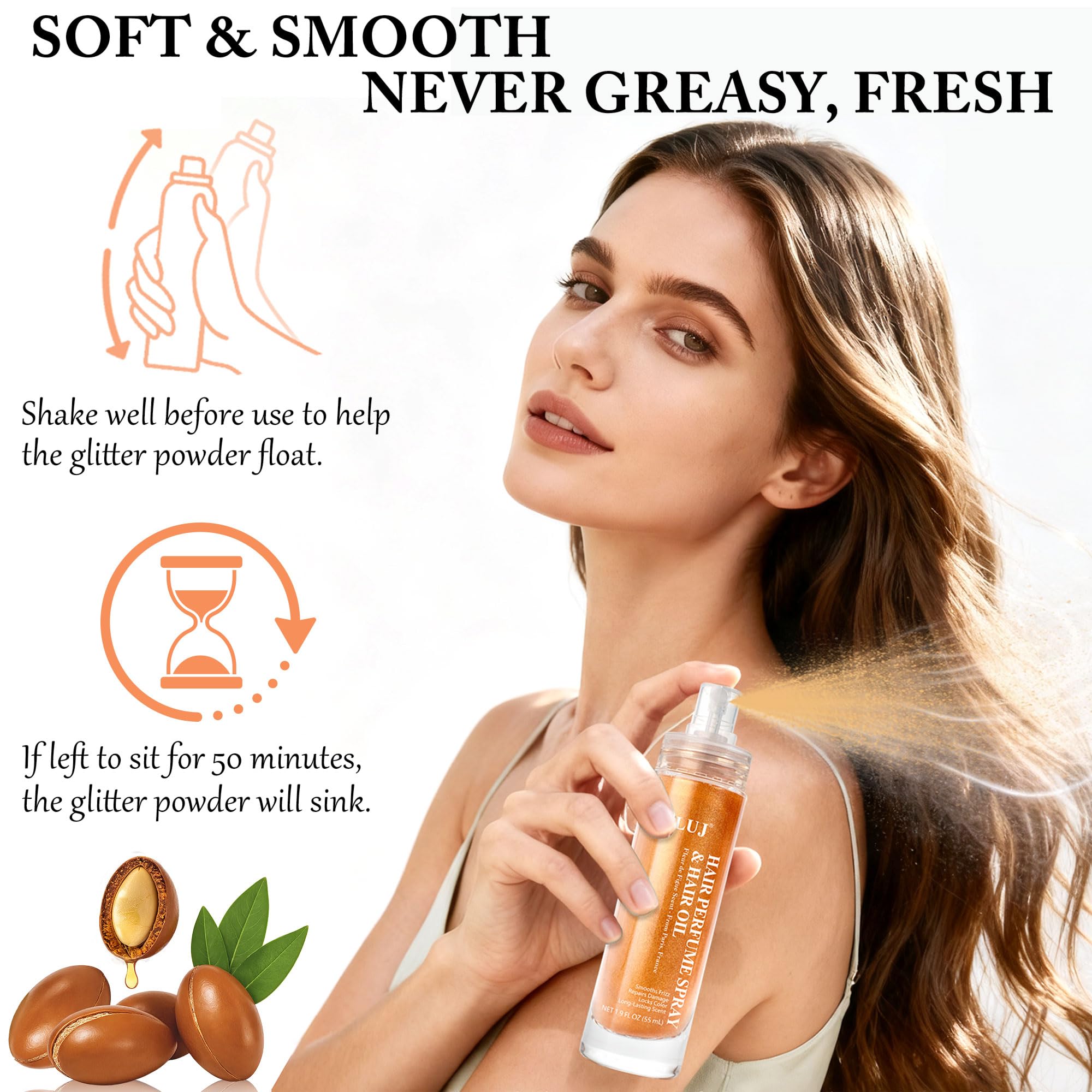 Close up of SLUJ hair mist bottle texture and shimmer