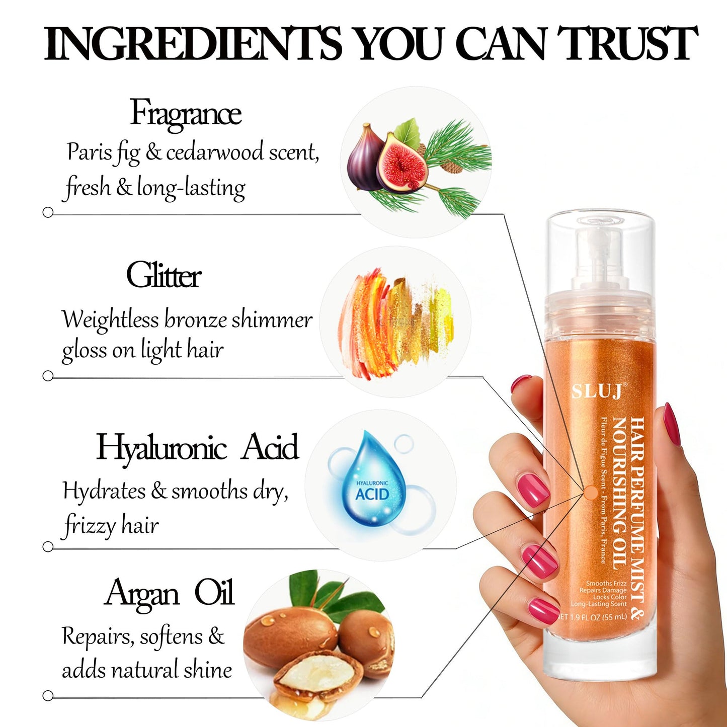 Model applying SLUJ nourishing hair oil spray