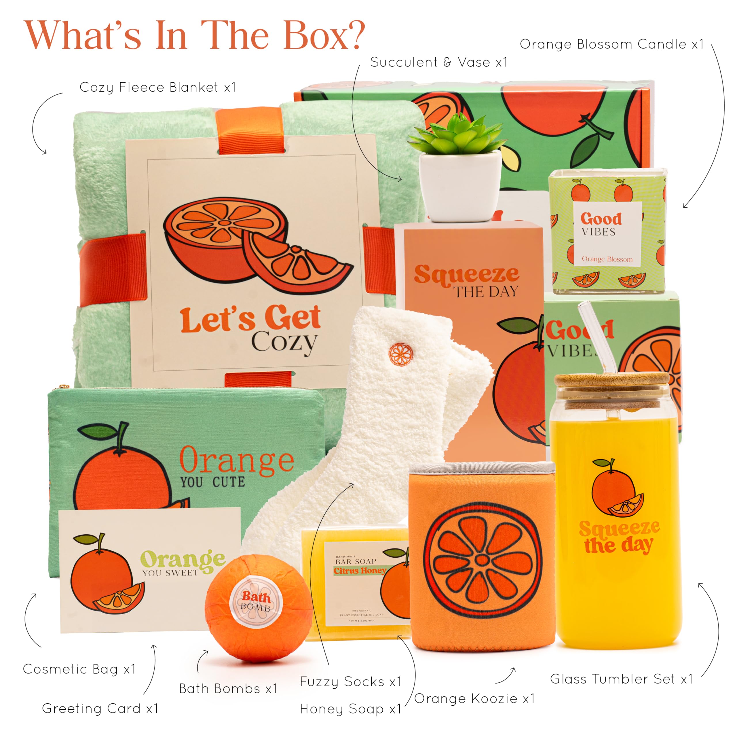 The Love Crate Company fifteen piece custom care package fully unboxed demonstrating the fleece blanket and glass tumbler