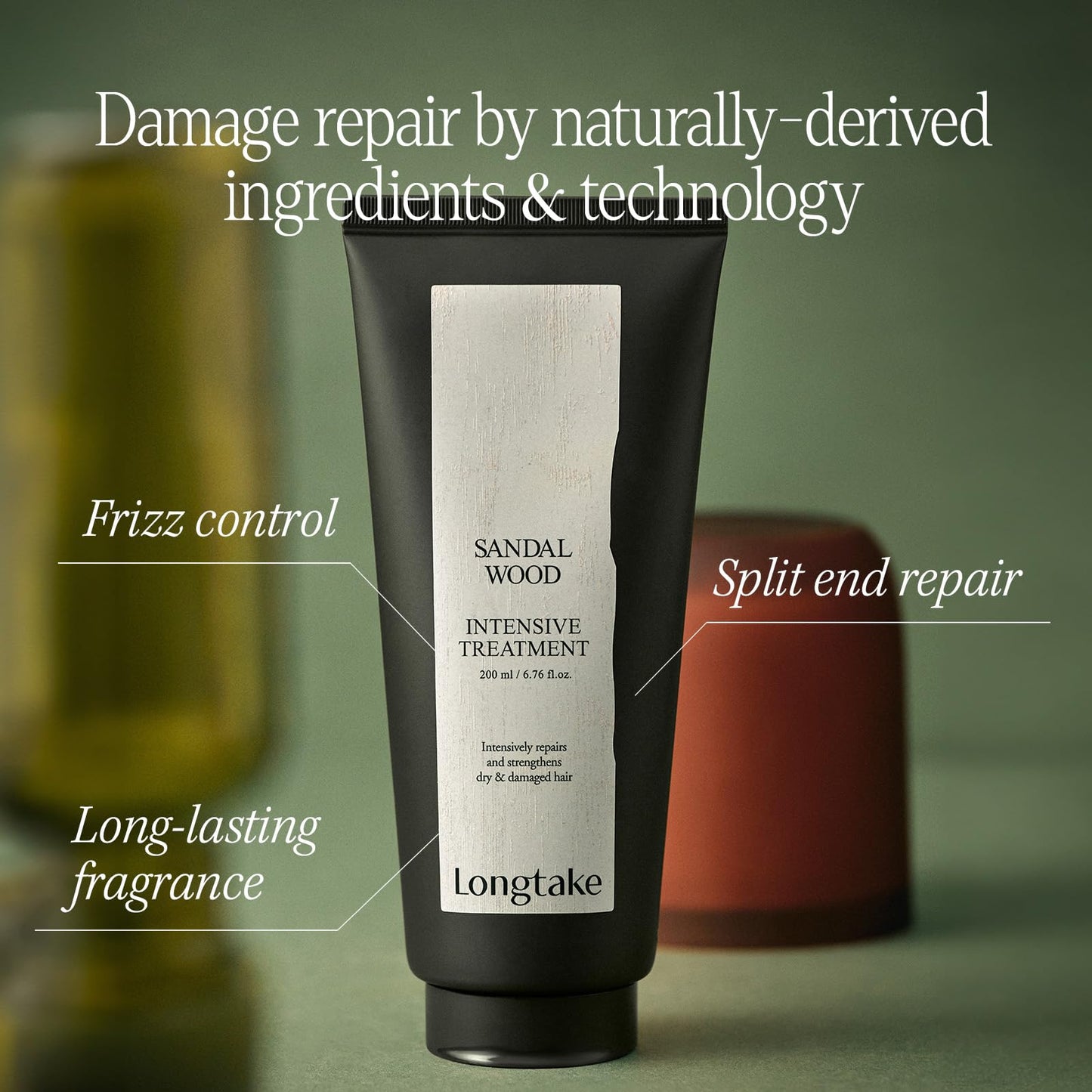 Longtake hair treatment packaging showing sandalwood scent benefits