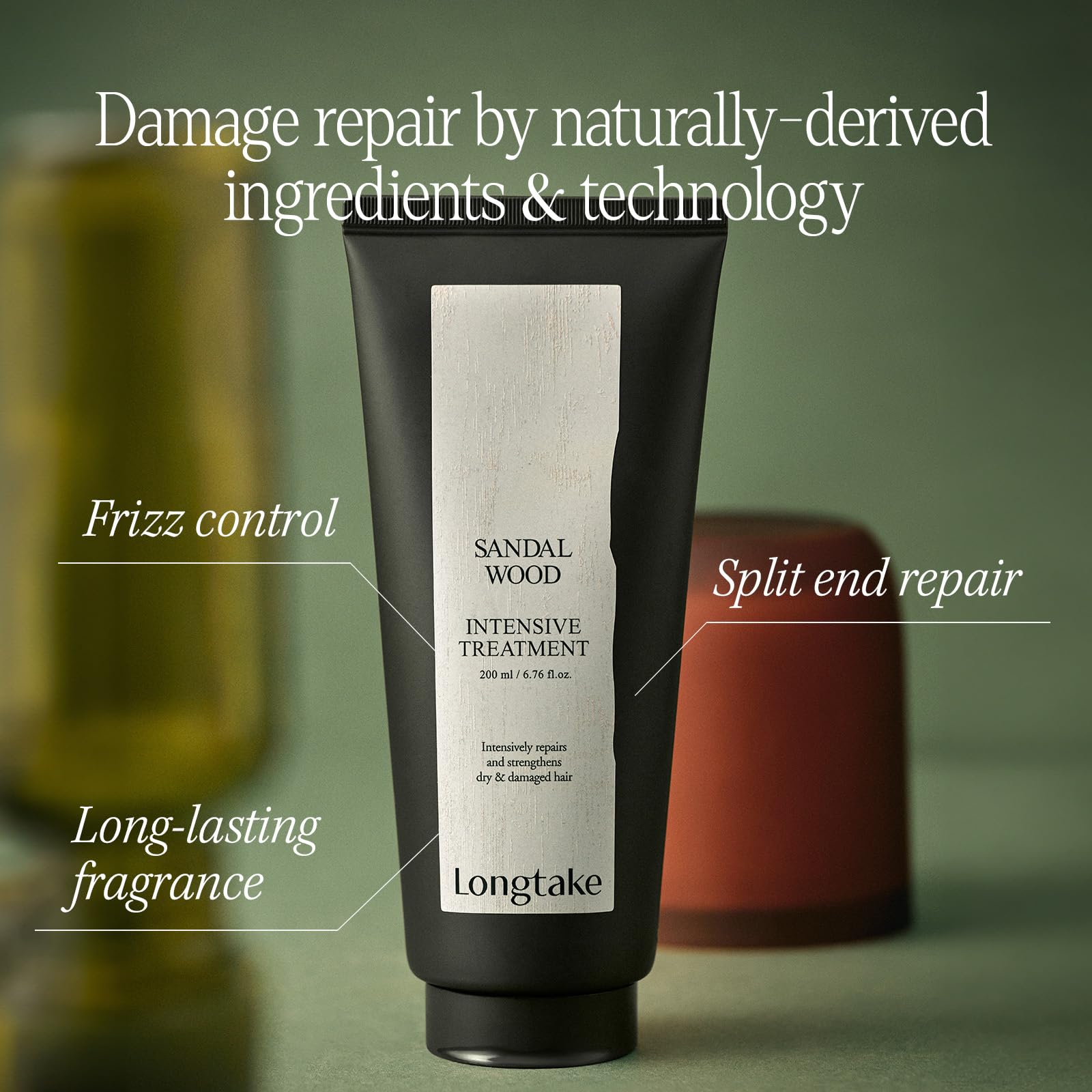 Longtake hair treatment packaging showing sandalwood scent benefits