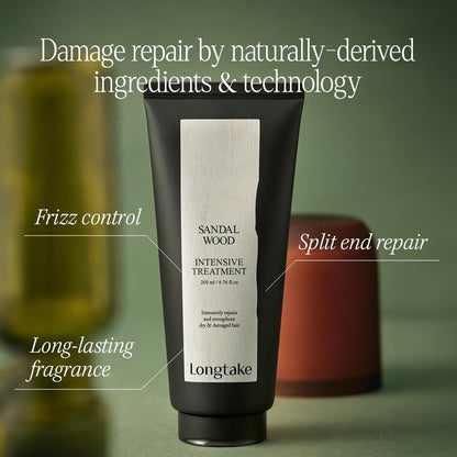 Longtake hair treatment packaging showing sandalwood scent benefits