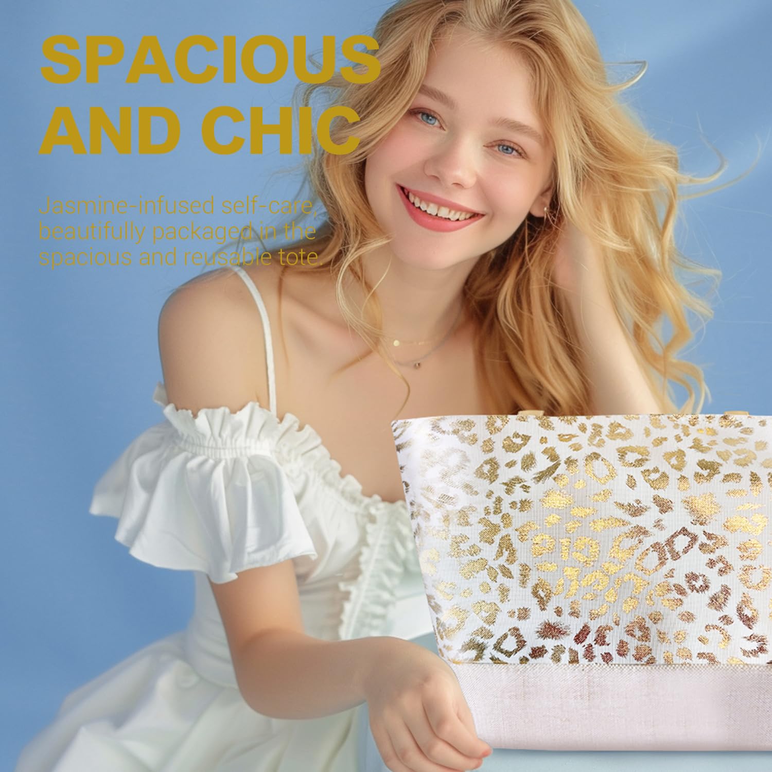 Detailed view of Spa Luxetique white jasmine bath and body collection