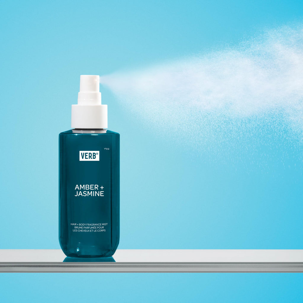 Verb Amber and Jasmine Hair and Body Mist label typography