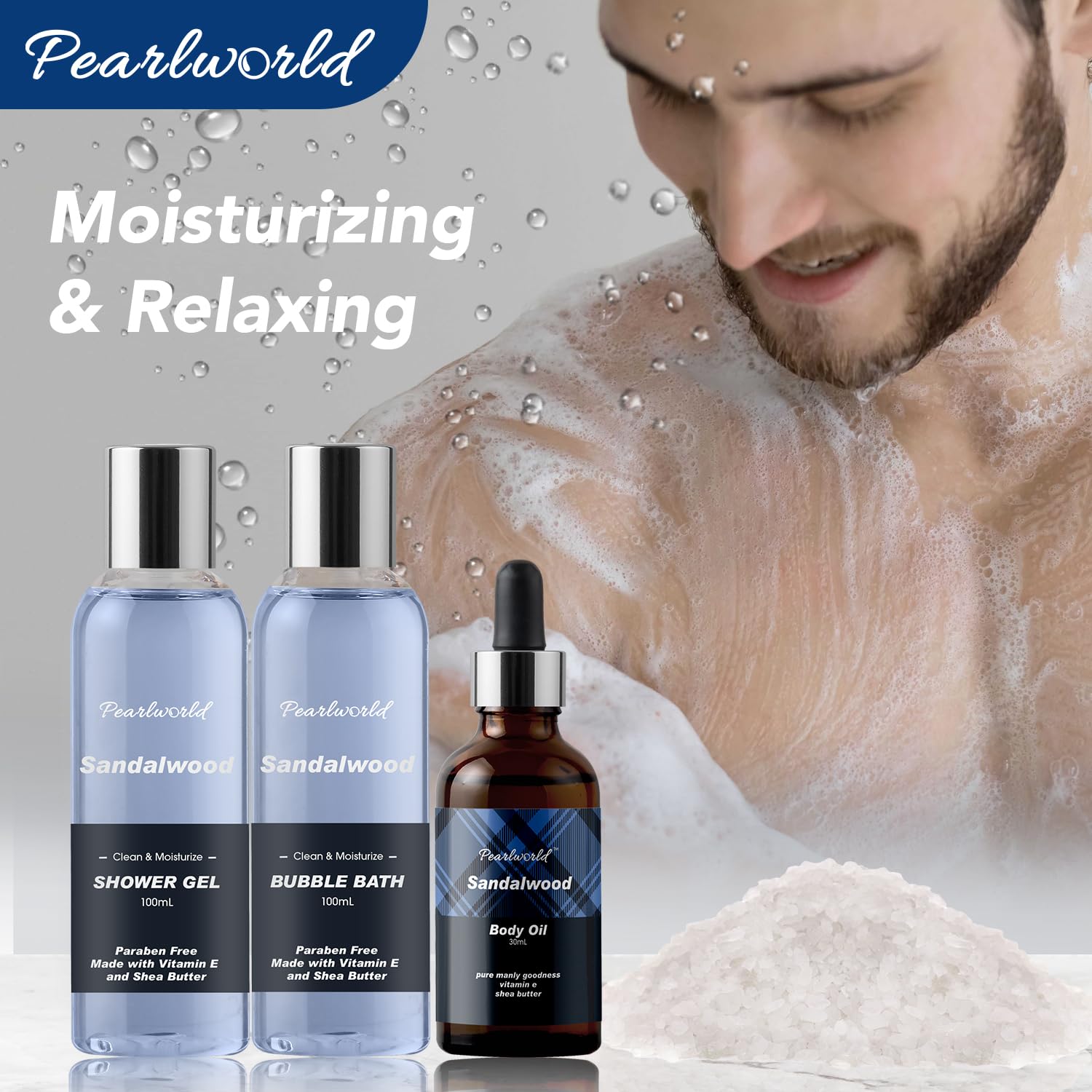 PEARLWORLD mens ocean scented shower gel and bubble bath bottles close up