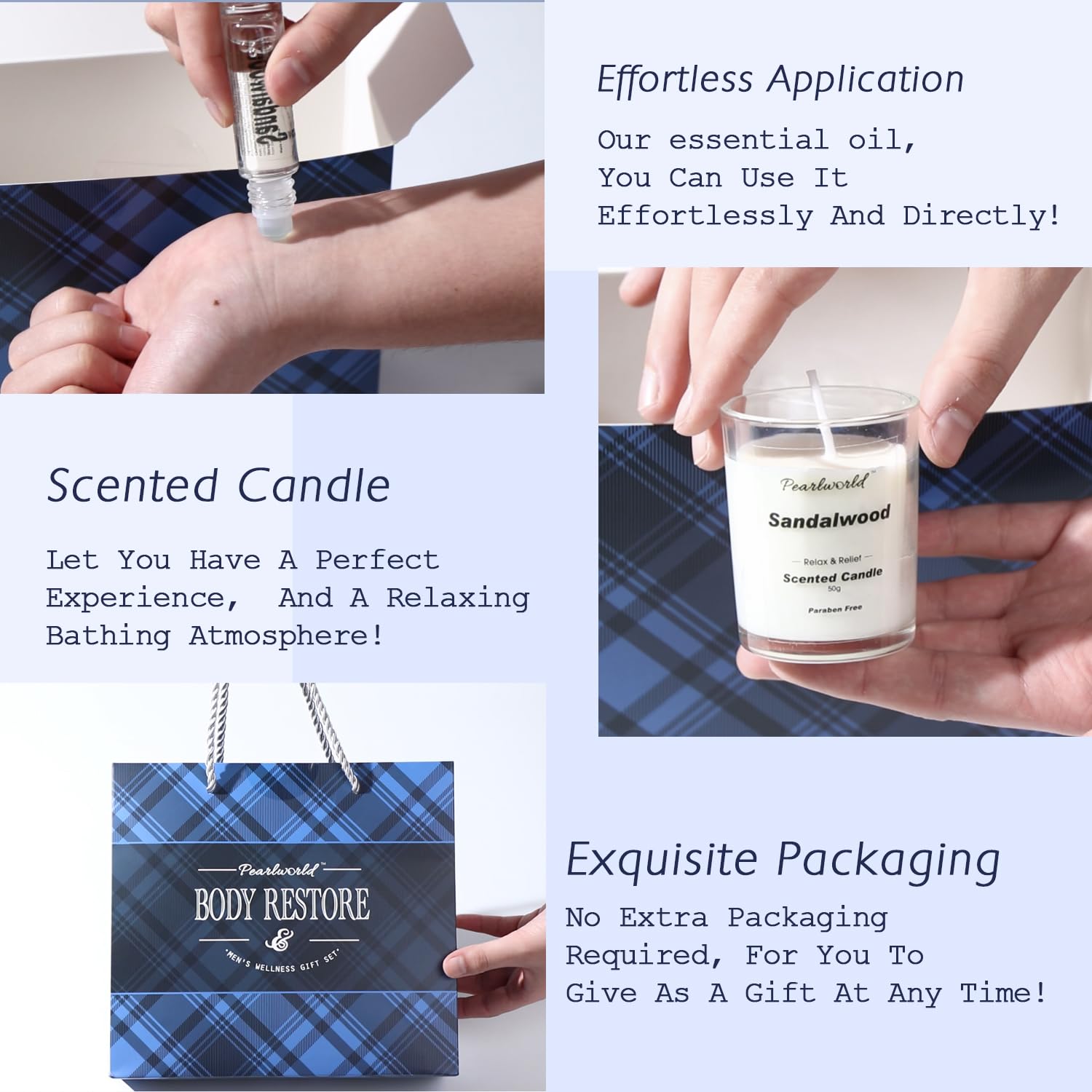 PEARLWORLD sandalwood body oil and exfoliating body scrub jars