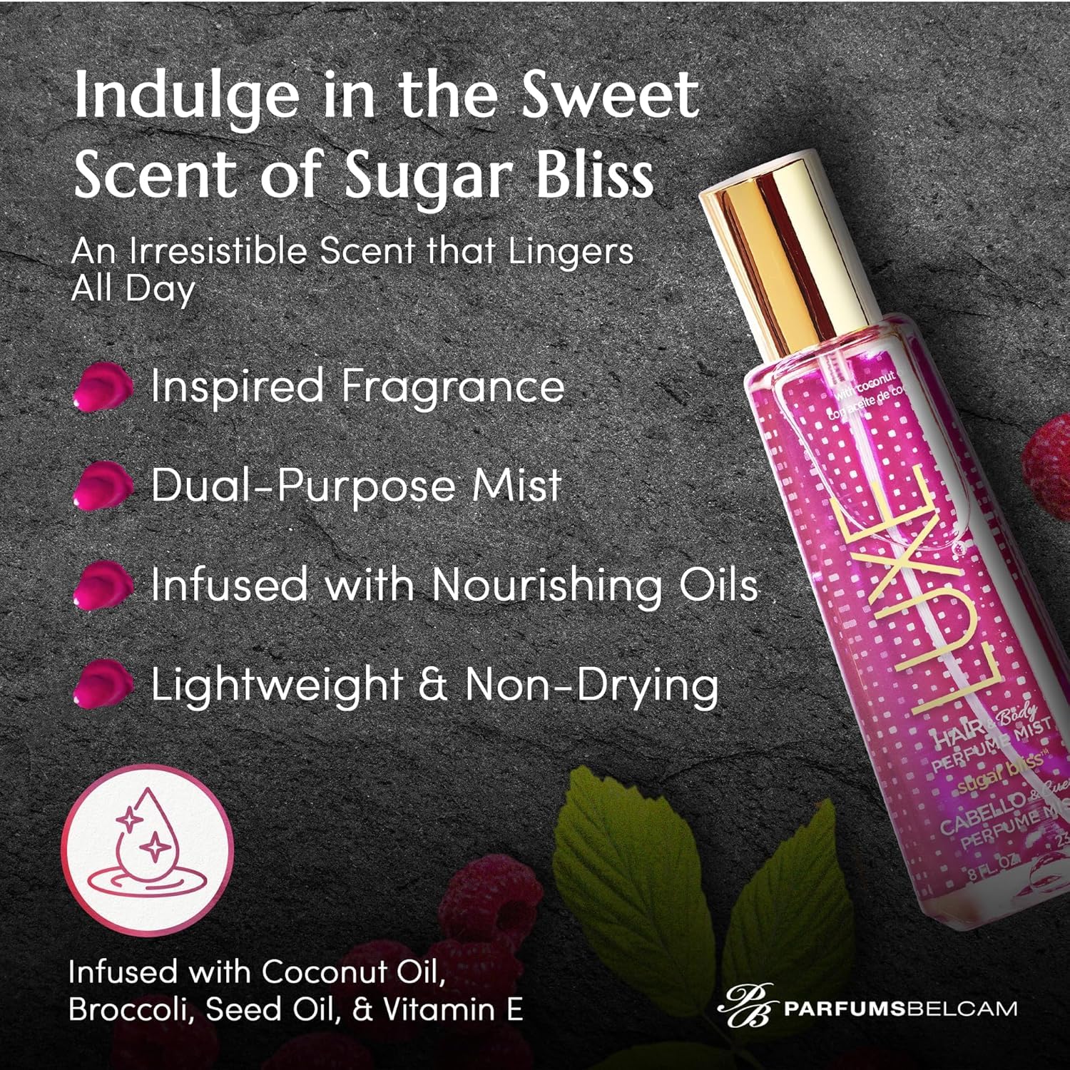 Side profile of Luxe Perfumery Sugar Bliss mist bottle