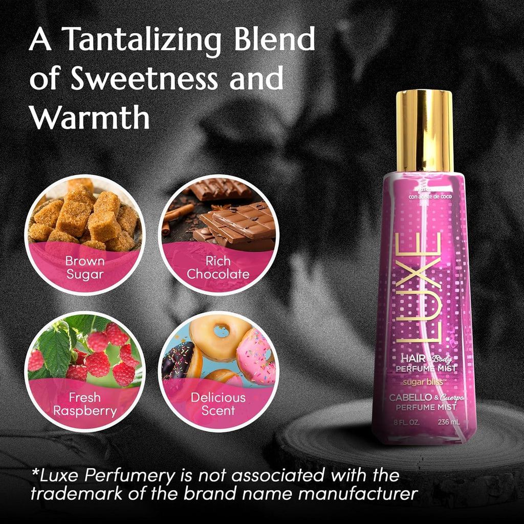 Luxe Perfumery Sugar Bliss hair mist bottle showing label details