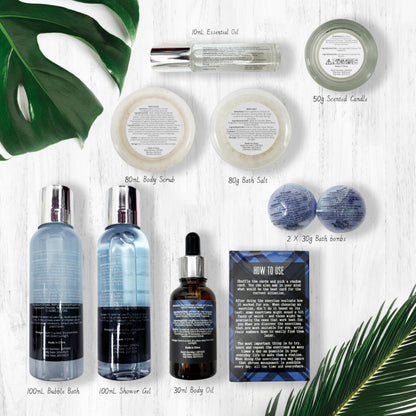 PEARLWORLD complete mens luxury self skin care set display arranged on bathroom counter