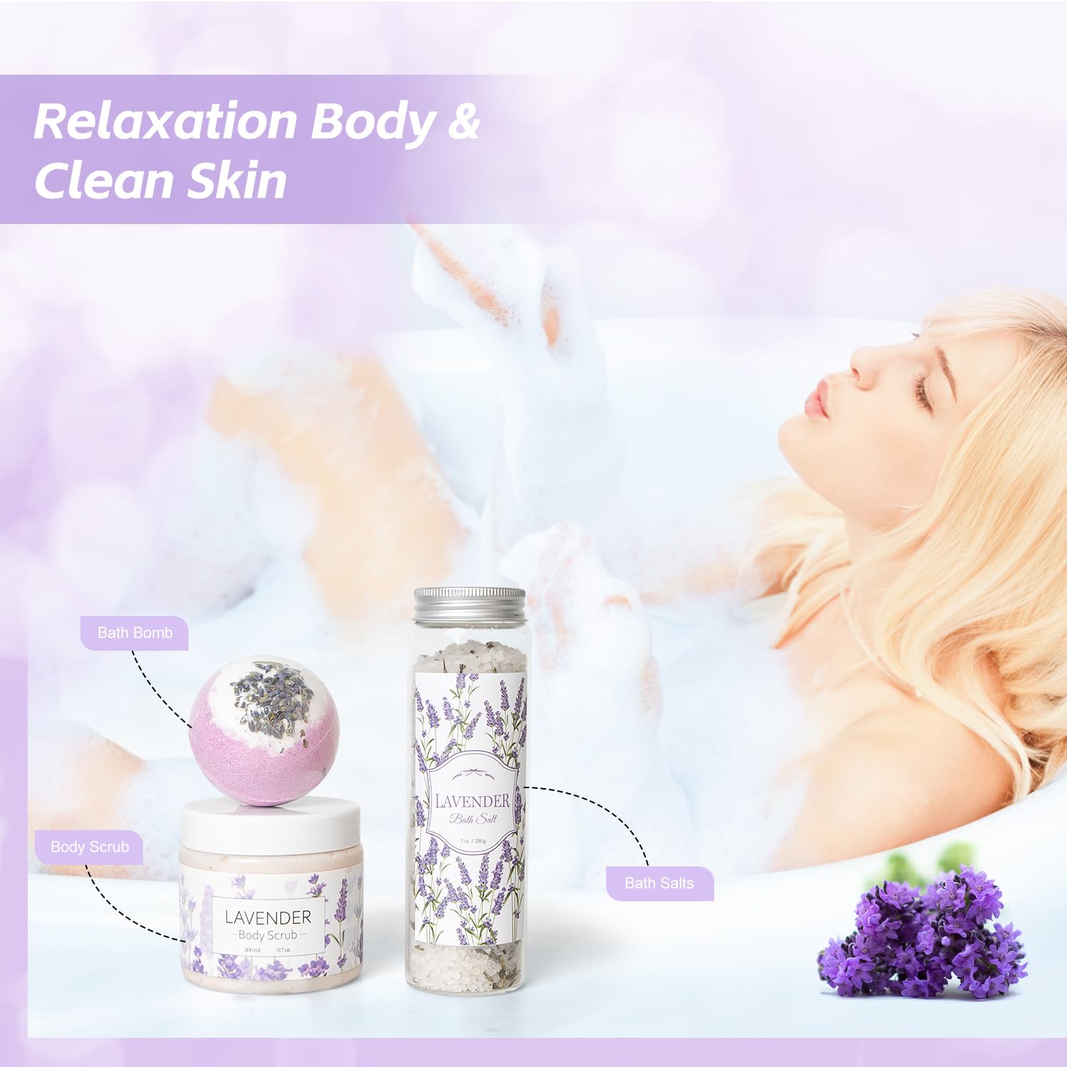 Frerdui self care relaxation package highlighting the natural lavender bath oil and soap bag