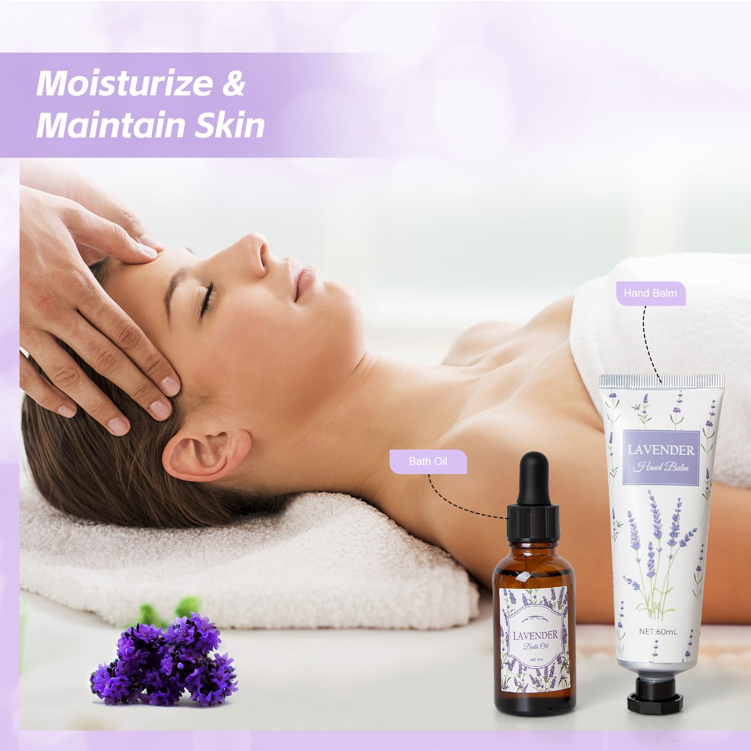 Frerdui premium women beauty basket displaying the lavender bath bomb and diamond soap close up