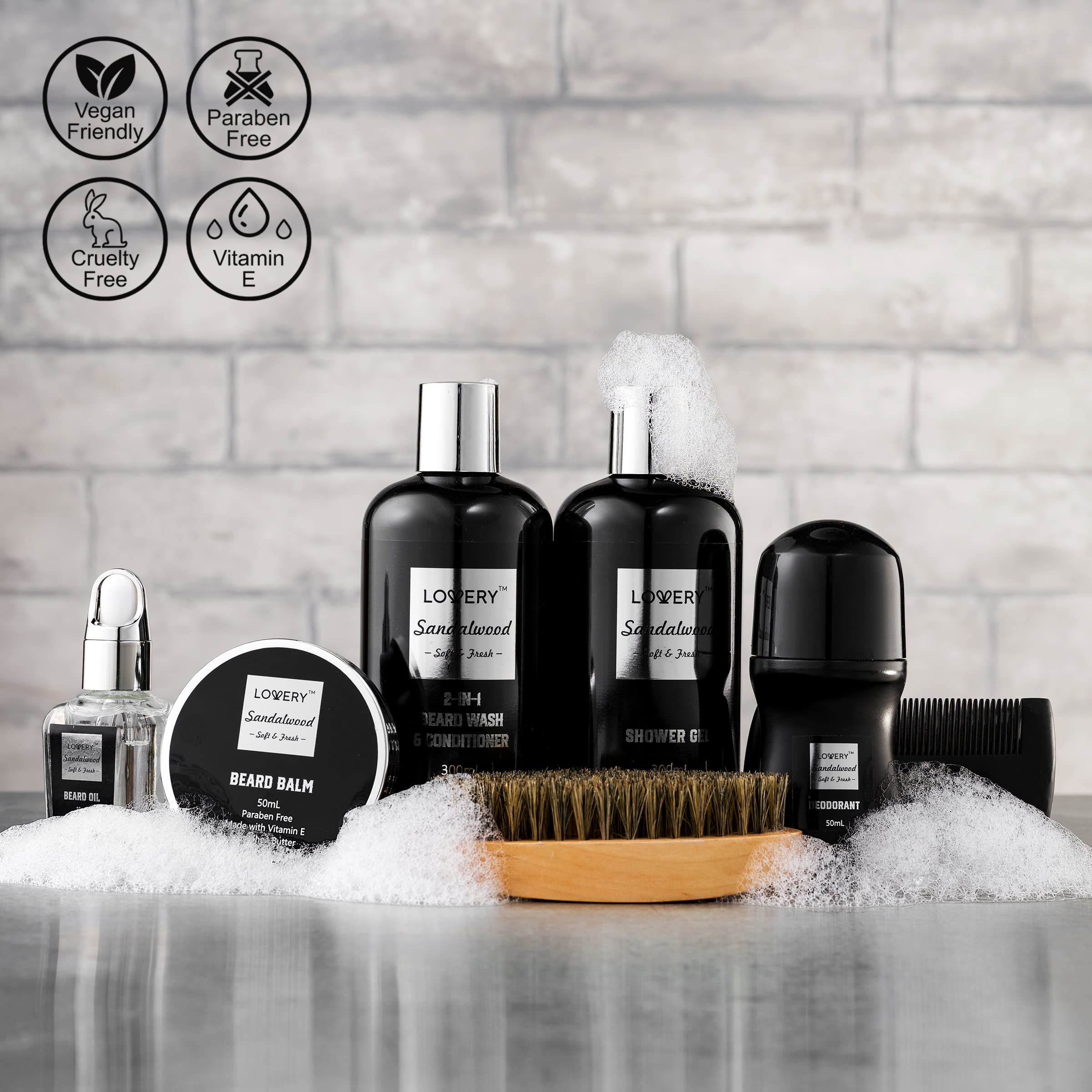 Close up of the Lovery men body wash and beard wash bottles featuring premium sandalwood grooming formulations.