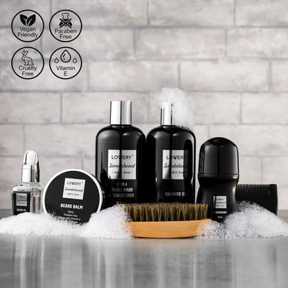 Close up of the Lovery men body wash and beard wash bottles featuring premium sandalwood grooming formulations.