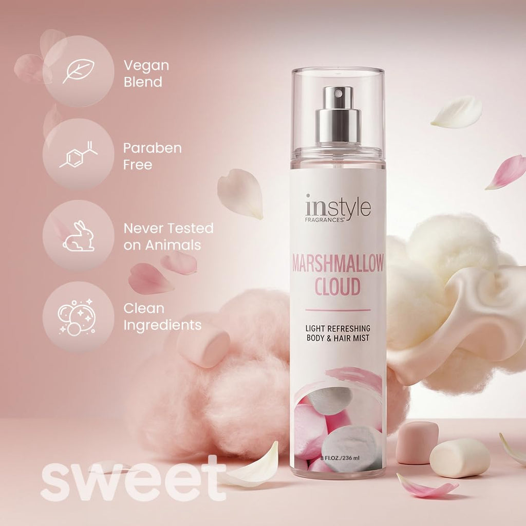 Instyle Fragrances Marshmallow Cloud Body And Hair Mist being sprayed on hair