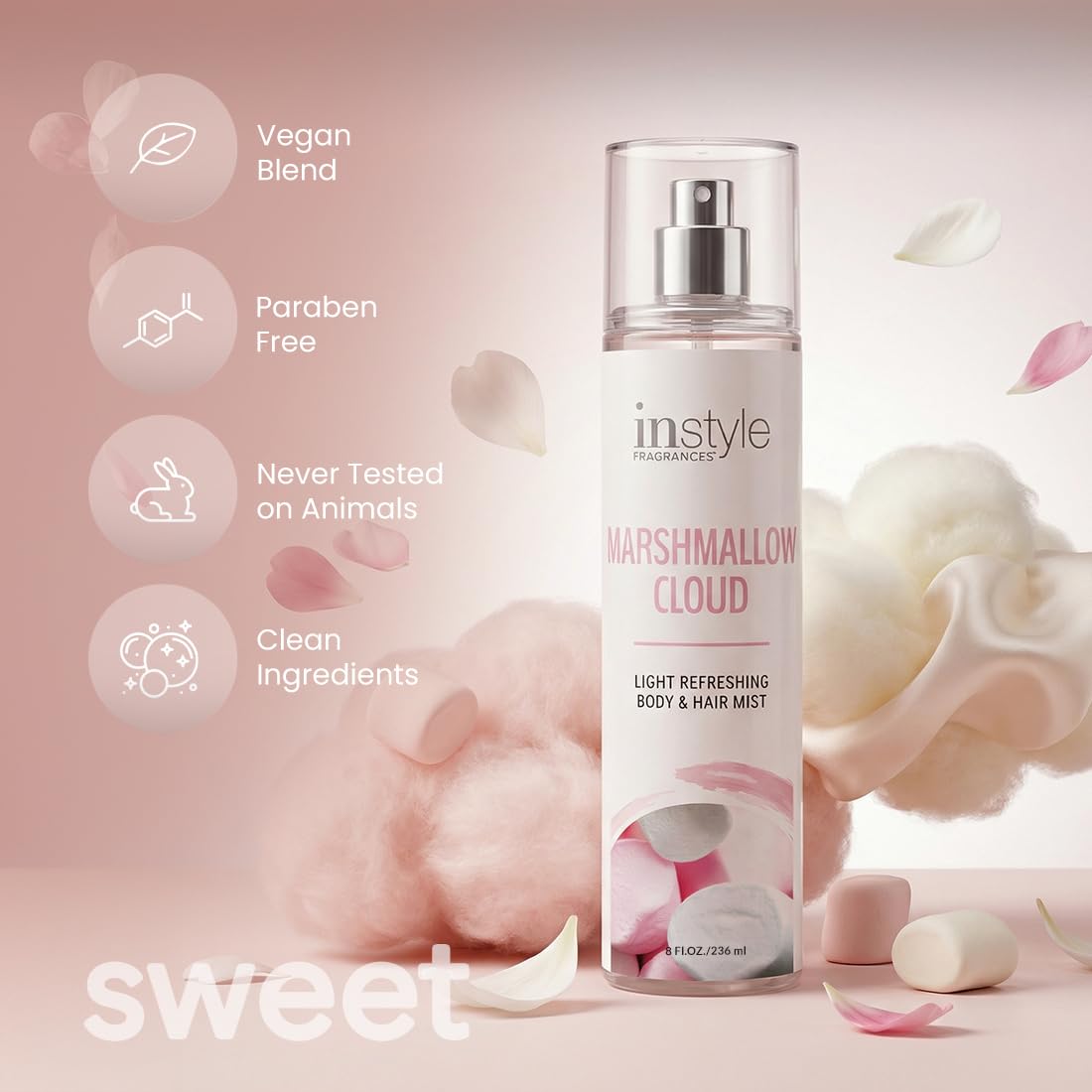 Instyle Fragrances Marshmallow Cloud Body And Hair Mist being sprayed on hair