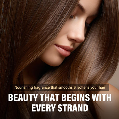 Arios hair perfume bottle next to hair care products