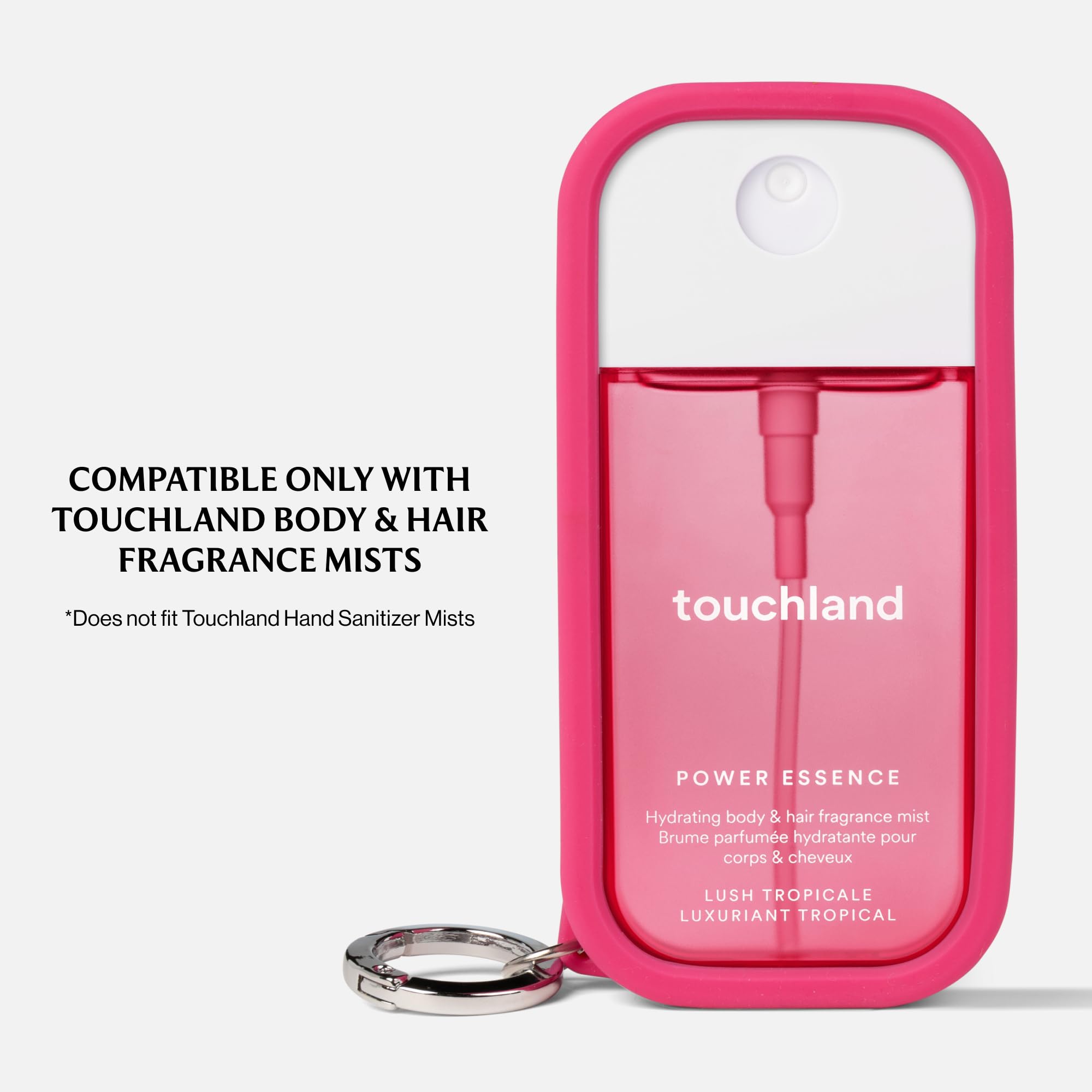 Touchland silicone case with keyring attached to a handbag