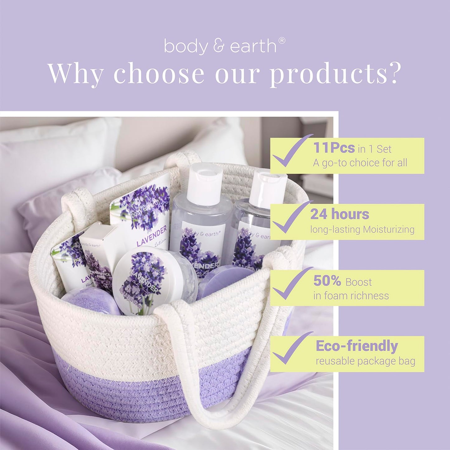 Body and Earth spa gift set arranged in a white woven tote bag.