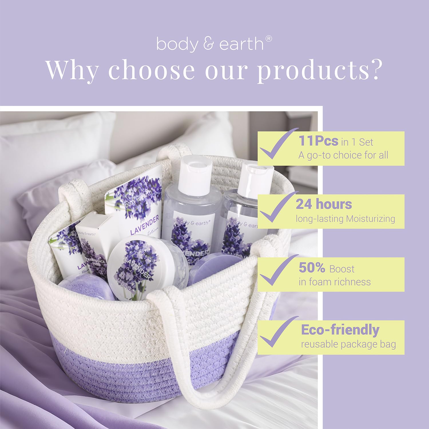 Body and Earth spa gift set arranged in a white woven tote bag.