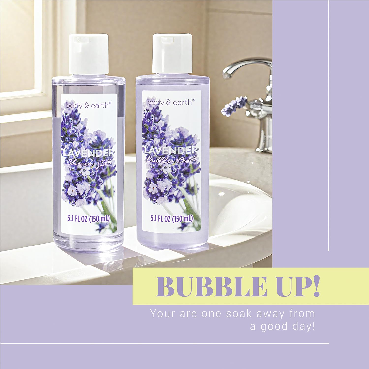 The 11-piece lavender relaxation kit displayed with the purple loofah.