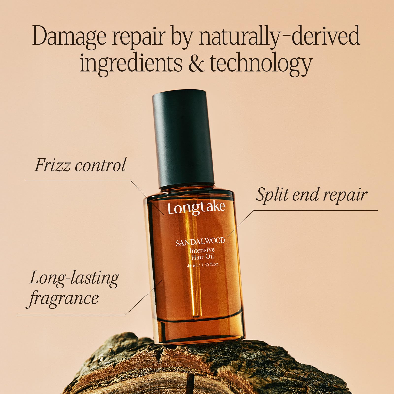 Longtake hair oil 40ml bottle branding close up