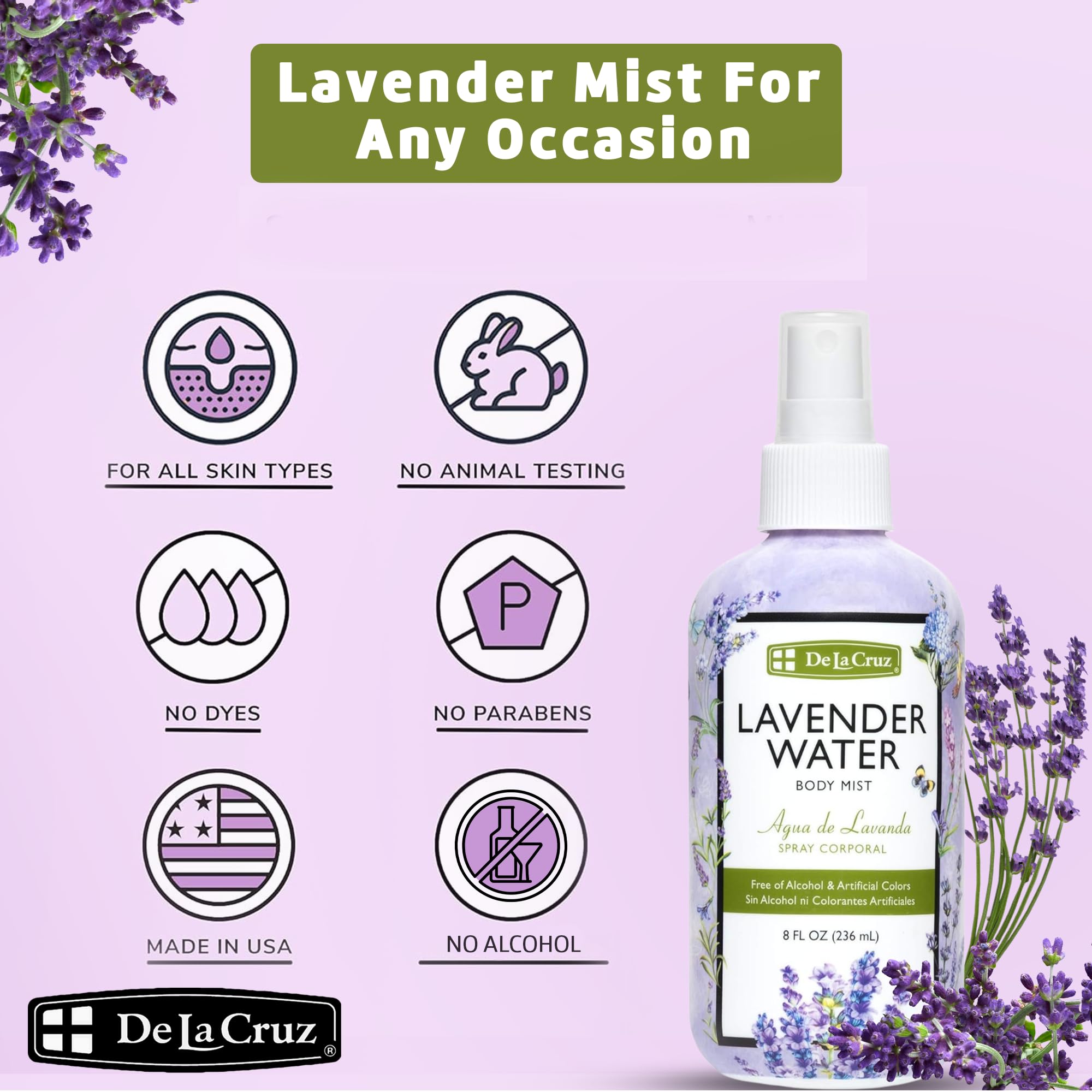 De La Cruz Lavender Water Body Mist bottle with essential oil label