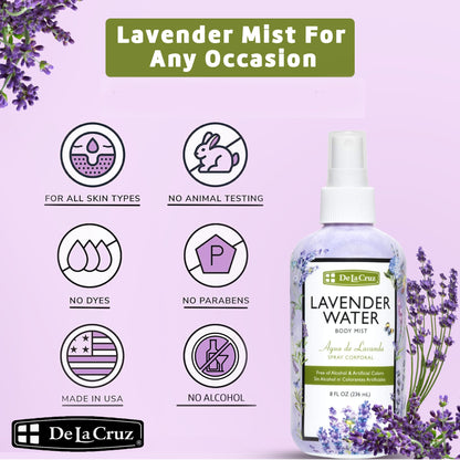 De La Cruz Lavender Water Body Mist bottle with essential oil label