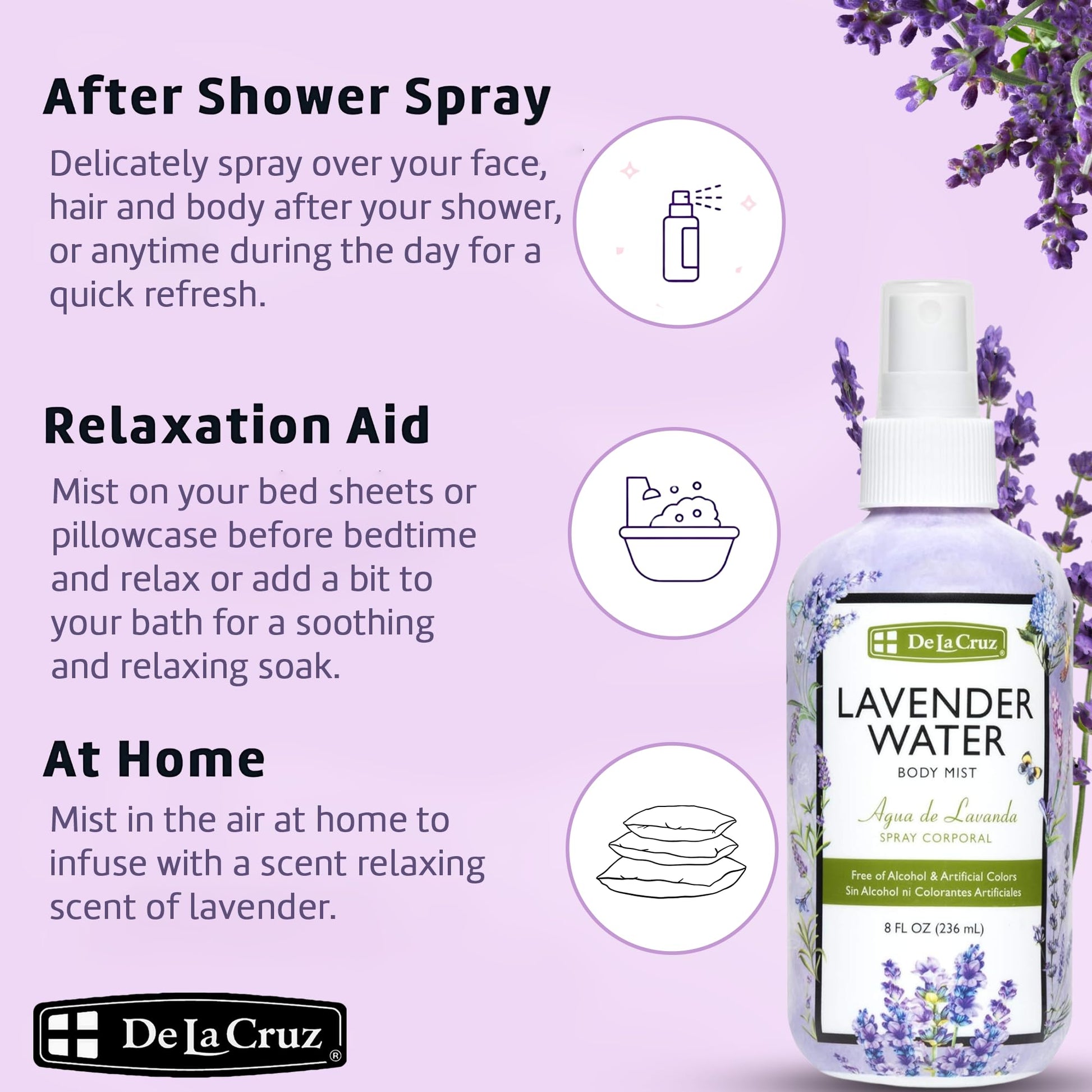 Back of De La Cruz Lavender Water bottle showing ingredients