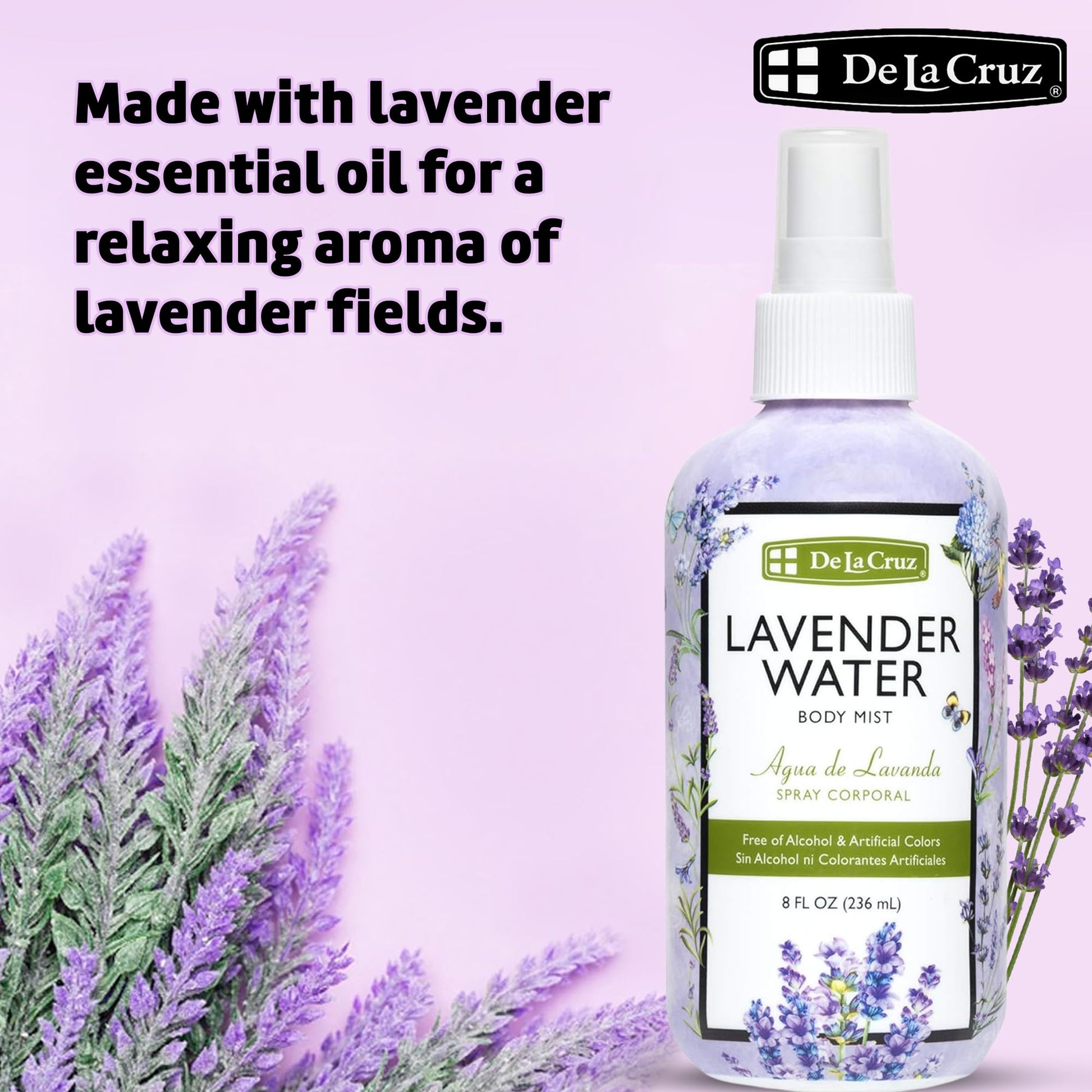 De La Cruz Lavender Water Body Mist 236 milliliters bottle side view