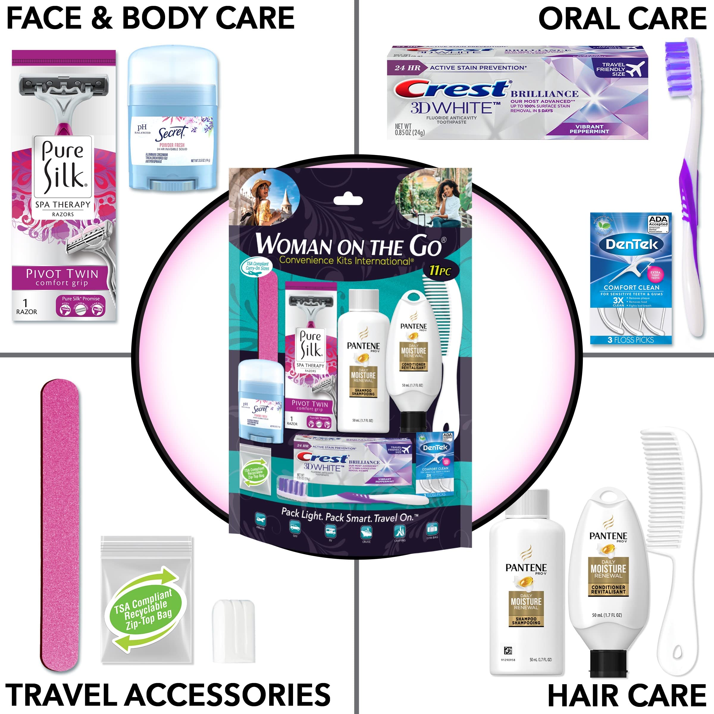 Clear reusable TSA compliant zipper bag opened to reveal individual travel sized Pantene hair products and oral care essentials.