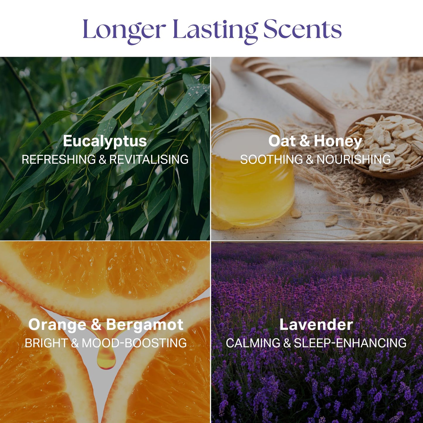 Arrangement of all six pieces in the lavender collection aromatherapy set for home spa wellness