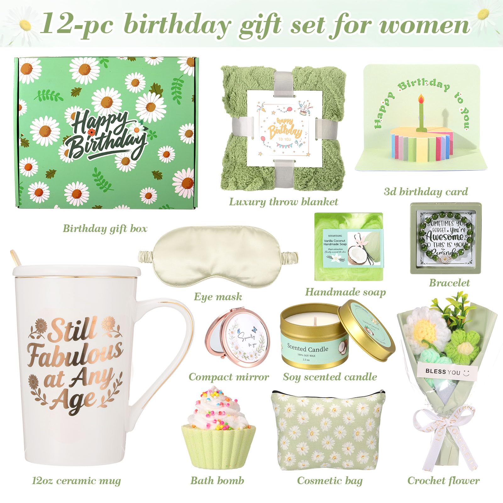 Fesveoke sage green plush blanket and daisy themed gift box