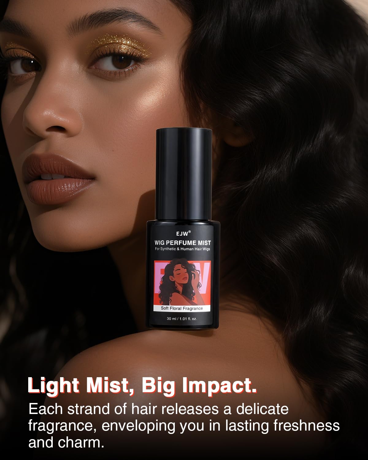 Close up of EJW wig perfume packaging