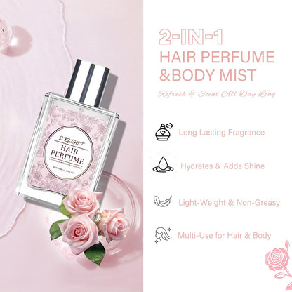 Woman applying pheromone hair perfume for hydration and scent