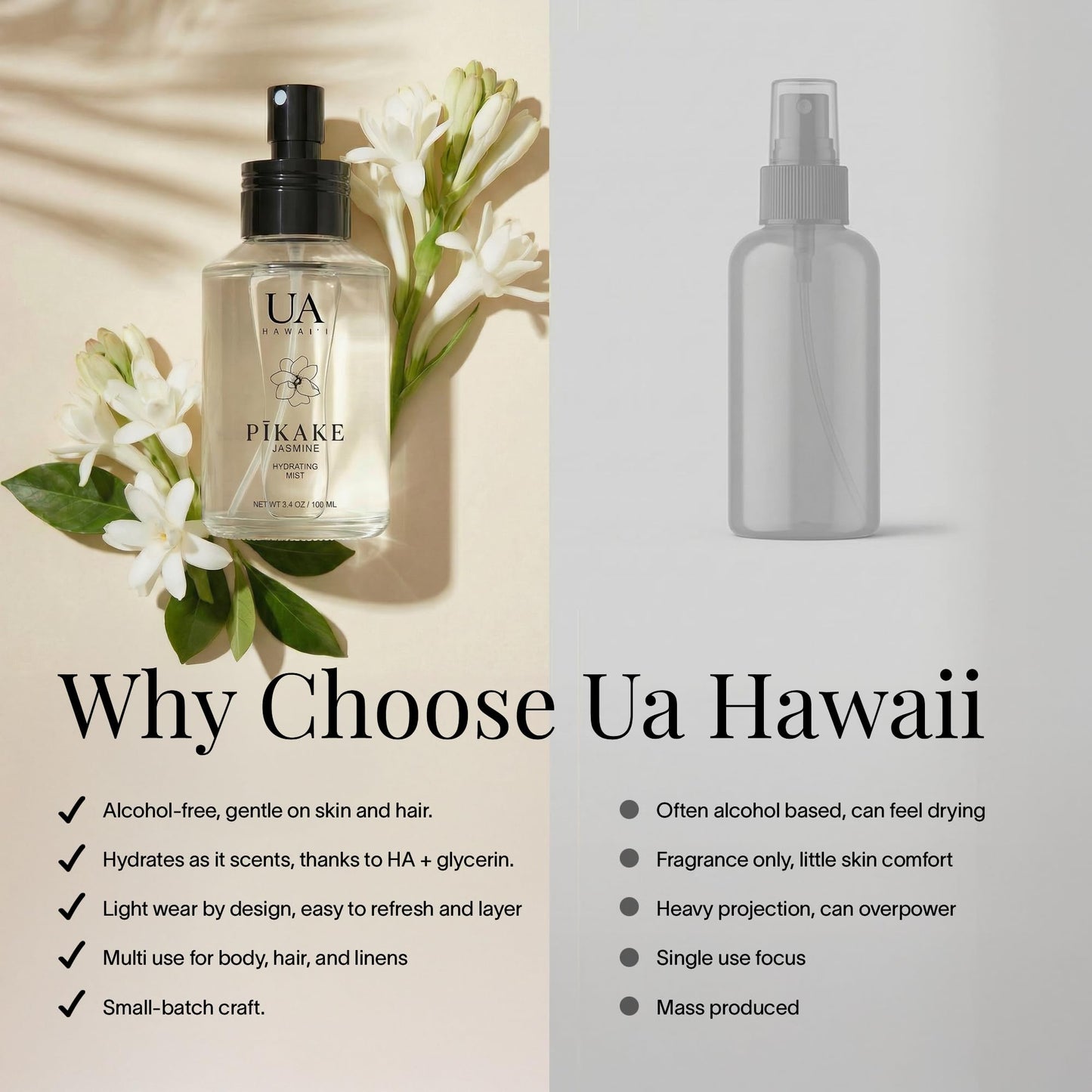 Application of Ua Body Pikake mist on hair and skin