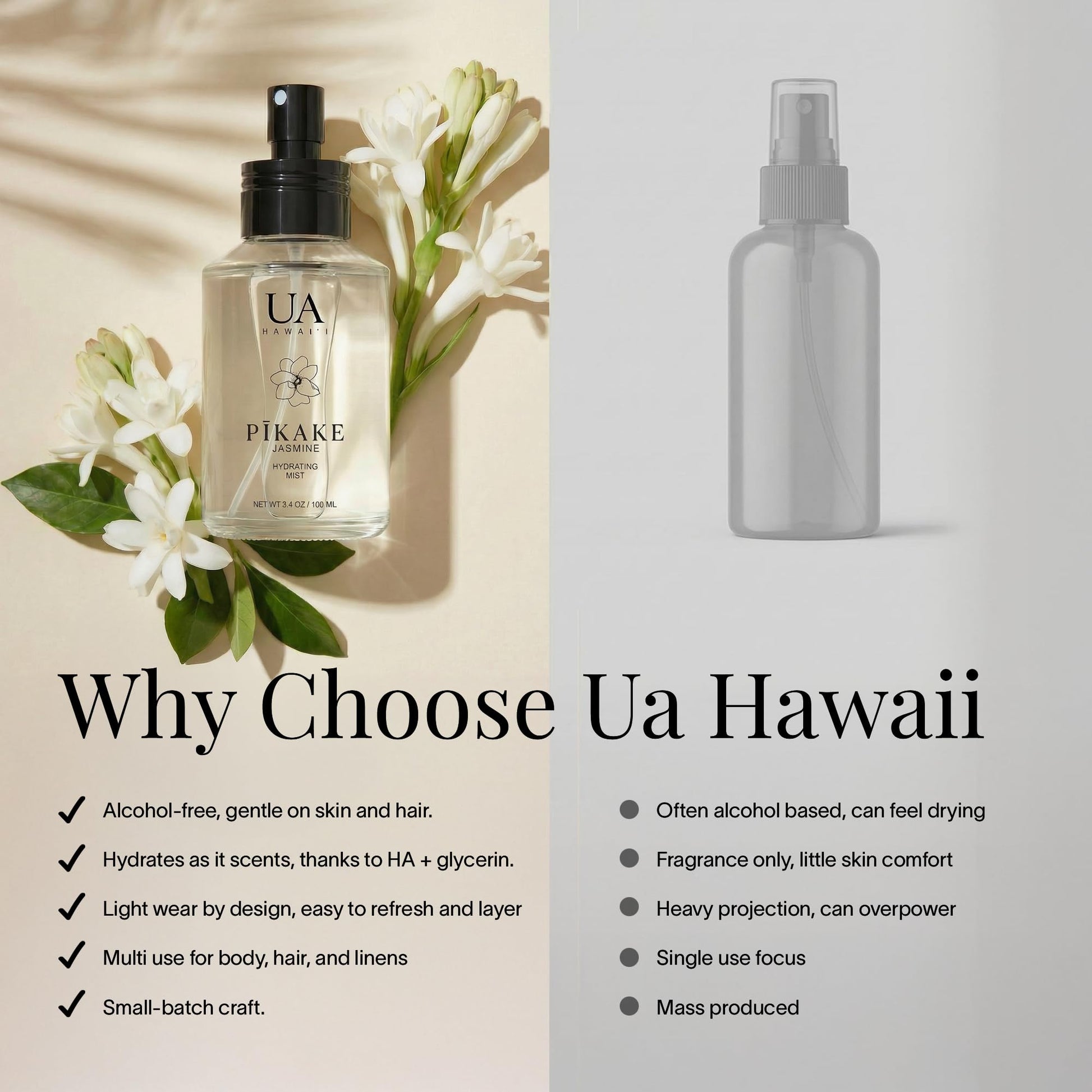 Application of Ua Body Pikake mist on hair and skin